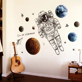 mūsdienu Mākslas planētas astronauts kosmosa sienas uzlīmes bērnu istabai zēns guļamistabas sienas apdares pašlīmējošās uzlīmes tapetes