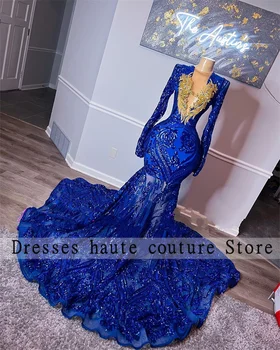 Sexy Royal Blue Appliques garām Piedurknēm Sirēna, Balles Kleitas, 2023 O-veida kakla Sequined Āfrikas Melnās Meitenes Vakara Tērpi