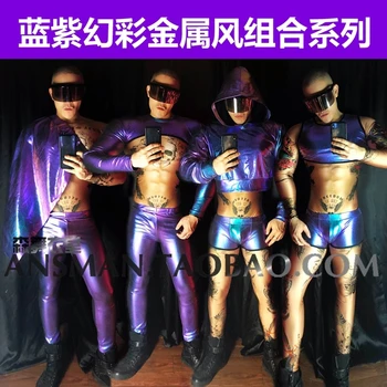 Zila Purpura Krāsu Topi Legging Bikses Sexy, Personību Bārs, Naktsklubs Vīriešu Dziedātāja Skatuves GOGO Džeza Kombinācija Komanda Liecina Drēbes